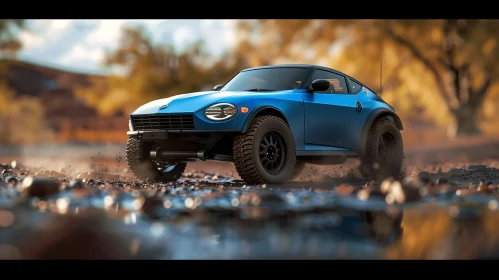 Blue Sports Car Racing in Autumn