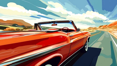 Red Convertible Driving Through Desert Landscape