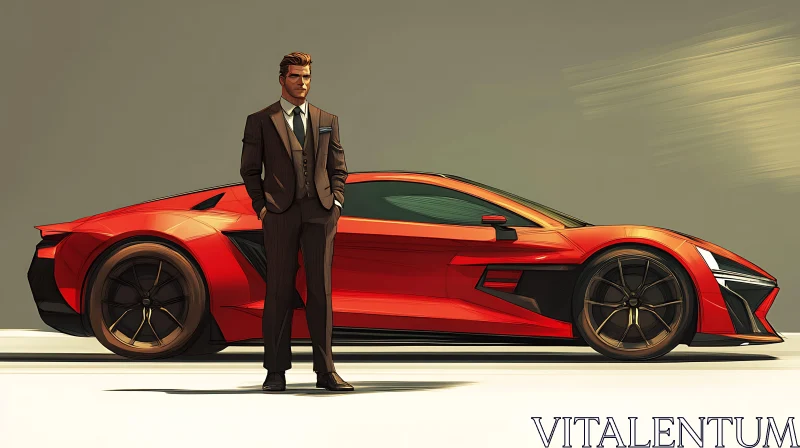 Man in Suit with Luxury Red Sports Car AI Image