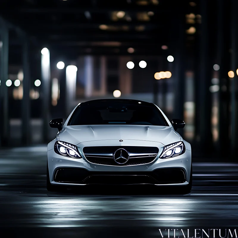 Luxury White Car in Cityscape at Night Luxury White Car in Cityscape at Night
