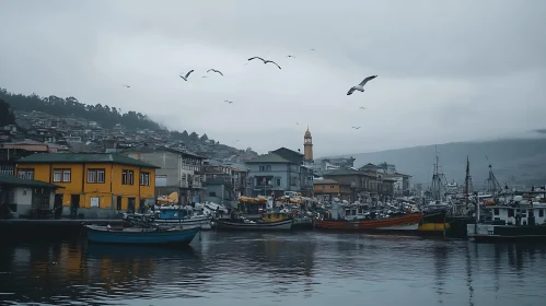 Morning Harbor with Fishing Boats and Seagulls