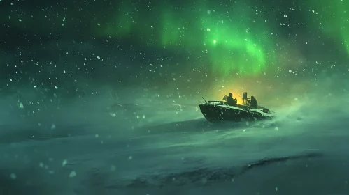 Aurora Illuminating Boat in Snowy Night
