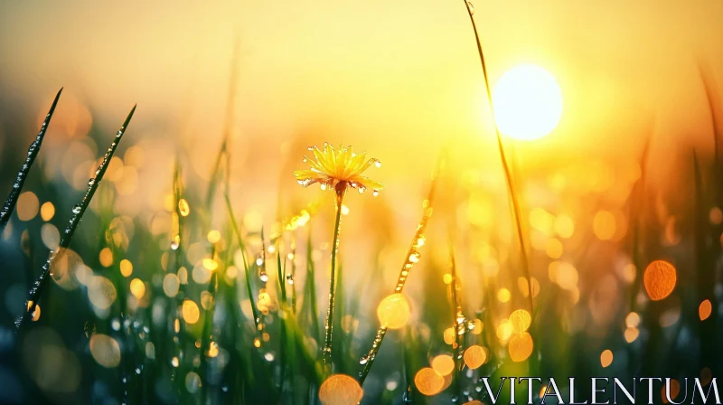 Sunlit Flower with Dew in Morning Grass
