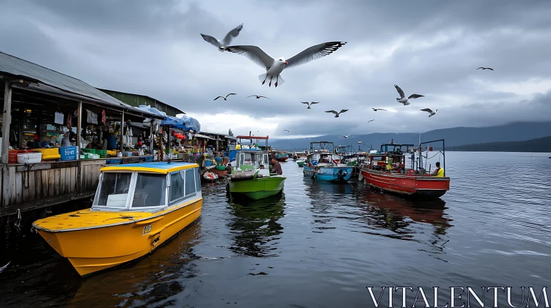 AI ART Boats and Seagulls at a Cloudy Harbor Market