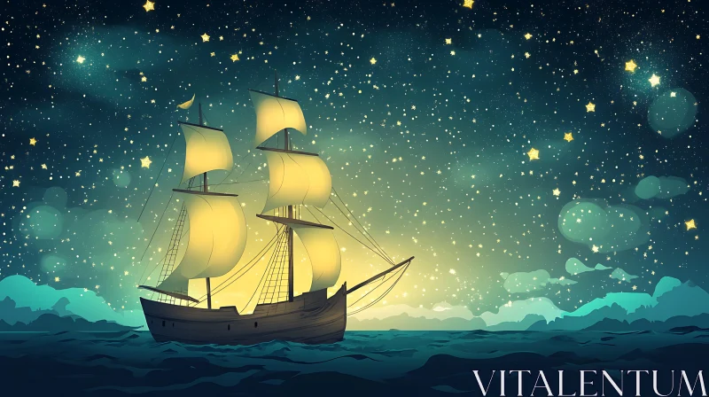 AI ART Ship Navigating Under the Stars