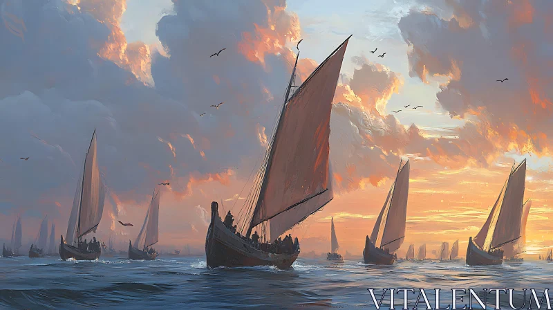 Sailboats on Tranquil Waters at Sunset AI Image