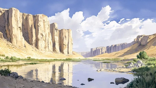 Serene Canyon River with Reflective Water and Towering Cliffs