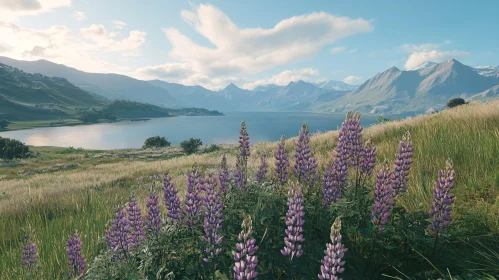 Mountain Lake with Purple Flower Meadow