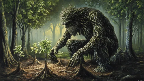 Mystical Tree Being and Young Trees in a Lush Forest