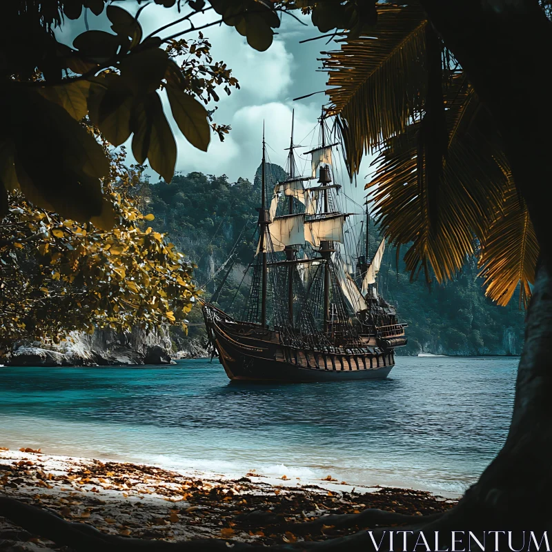 Anchored Sailing Ship in Tropical Waters AI Image