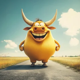 Happy Cartoon Bull on a Countryside Path