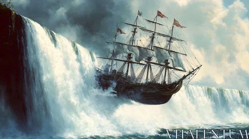 AI ART Ship Falling Down a Waterfall