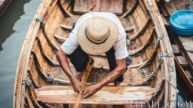 AI ART Focused Man Rowing Wooden Vessel