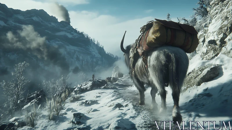AI ART Mountain Yak Traversing Snowy Path