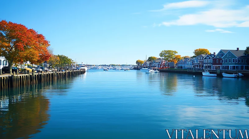 AI ART Serene Harbor with Autumn-Colored Trees and Boats