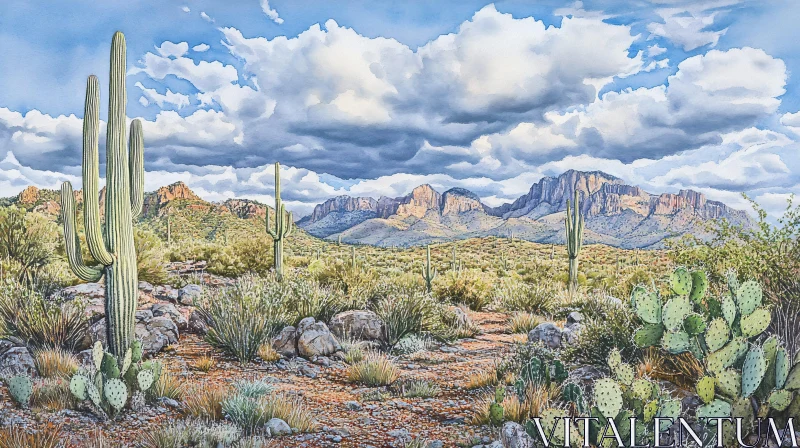 AI ART Desert Beauty: Cacti and Mountain Range