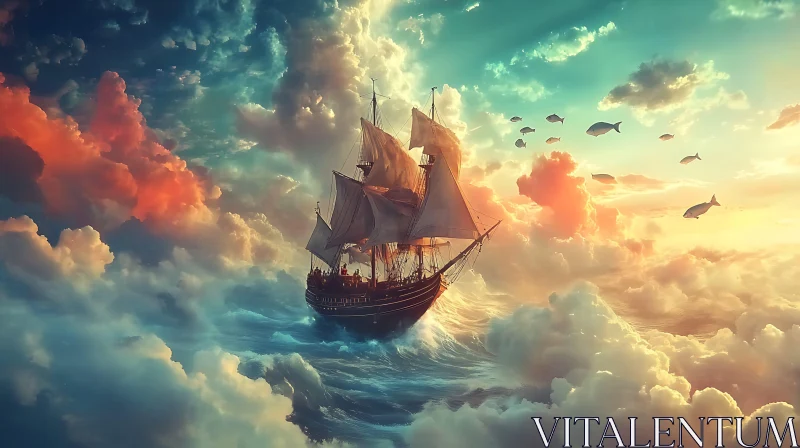 Fantasy Sailing Ship in Cloudy Skies