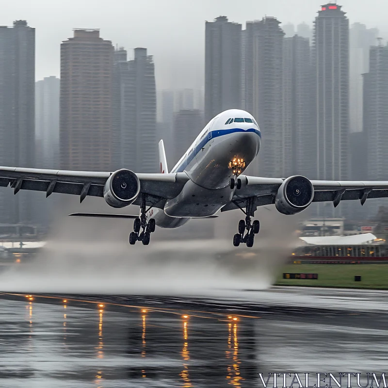 Urban Takeoff: Plane on Wet Runway