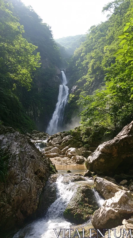 AI ART Peaceful Waterfall Amidst Lush Greenery