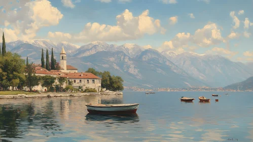 Tranquil Lake Scene with Mountainous Backdrop