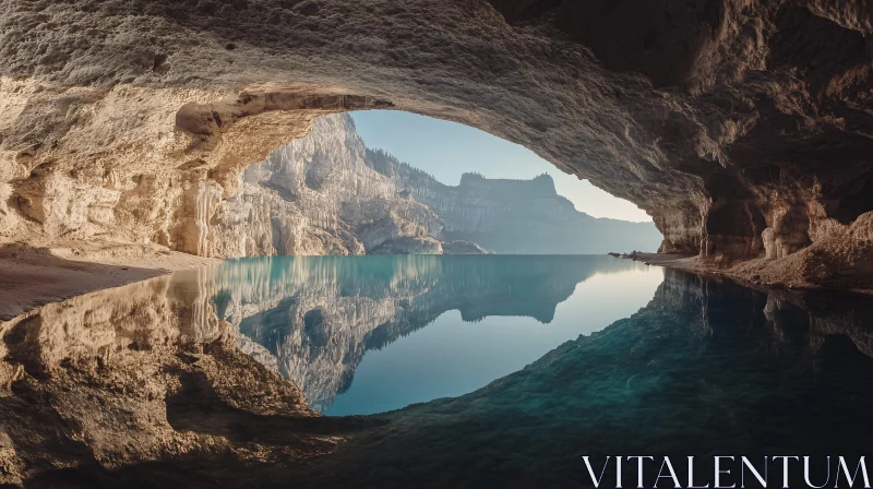 AI ART Serene Cave View of Lake and Mountain Reflection