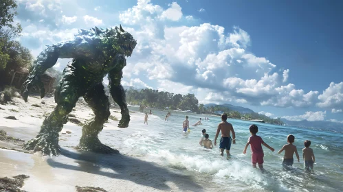 Sea Monster Confrontation on Beach
