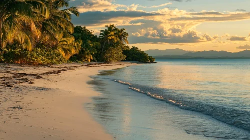 Peaceful Sunset Beach with Lush Palm Trees