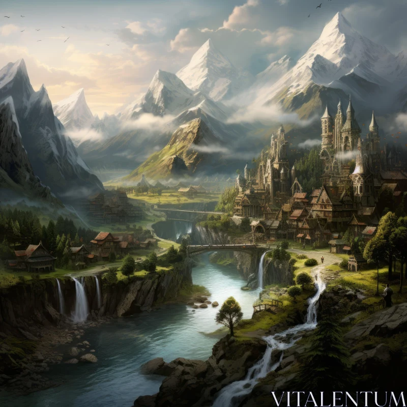 Fantasy Mountain Valley Village: Medieval Atmosphere Art AI Image