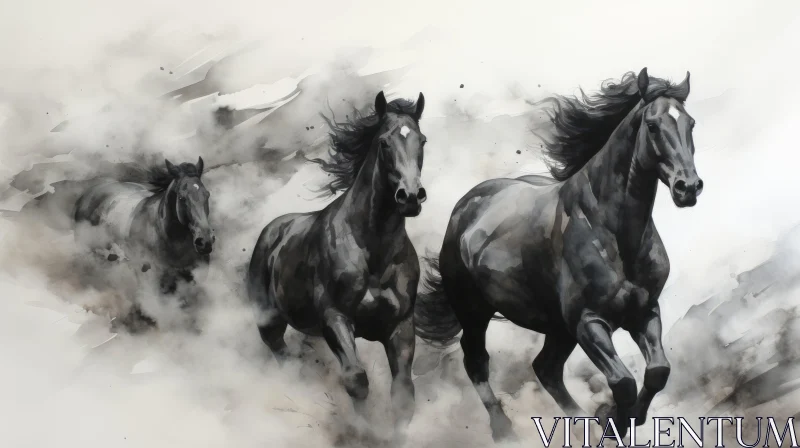 Monochromatic Oil Painting of Horses Running Through Smoke AI Image