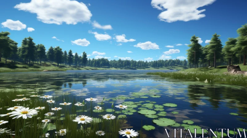 Serene Lake Adorned with Daisies & Lily Pads - Unreal Engine Style AI Image