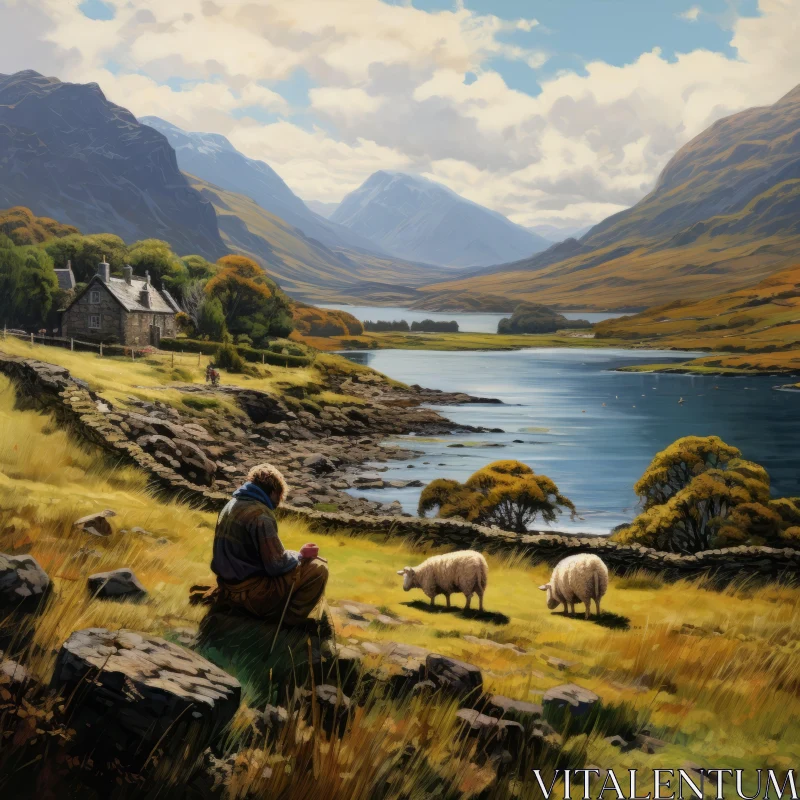 Serene Shepherd in Scottish Highlands - Celtic Art Influence AI Image