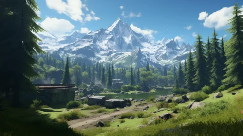 Serene Wilderness Landscape with Mountains and Cabin