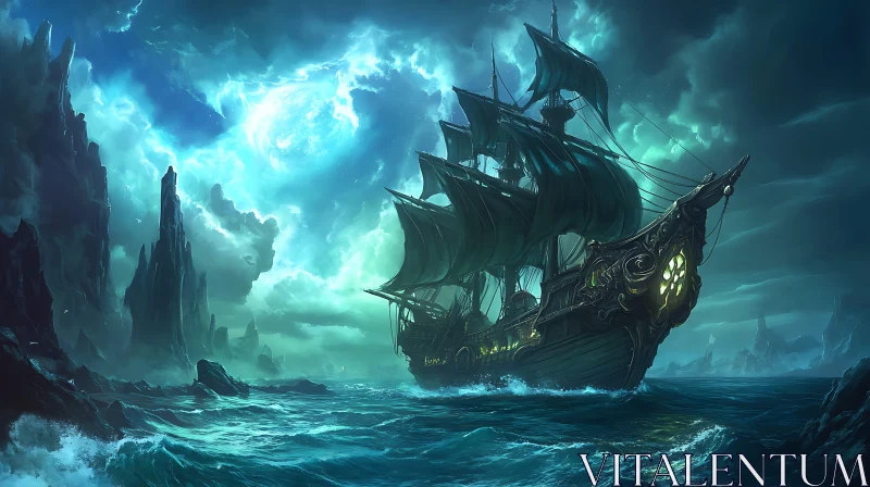 Mystical Ship Journey Through Moonlit Seas AI Image