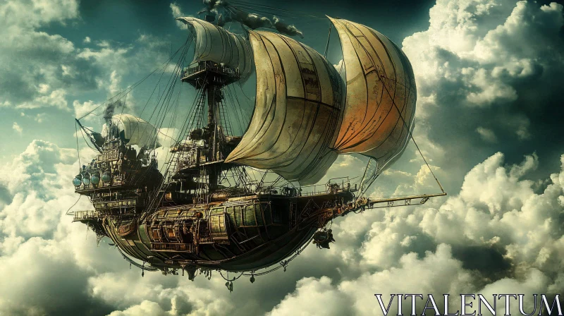 Futuristic Steampunk Airship in Cloudy Skies AI Image