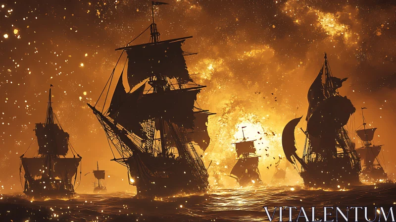 Fiery Clash of Sailing Ships at Sea AI Image