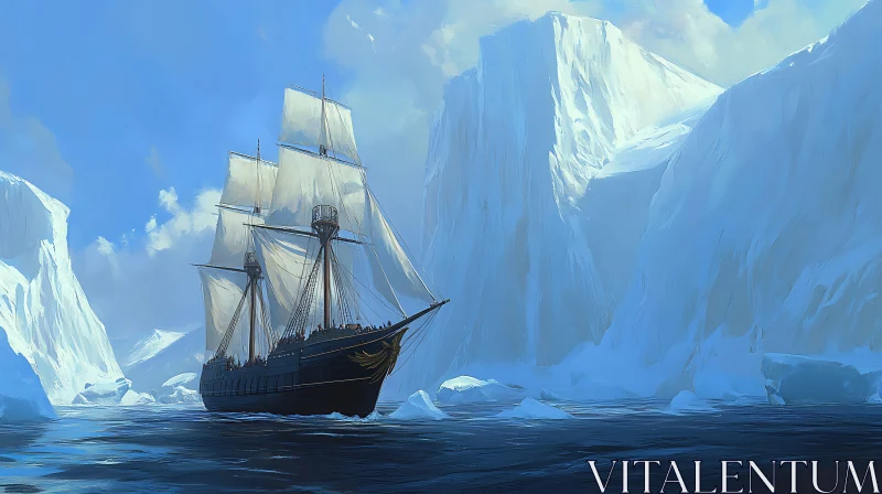 Sailing Vessel Amidst Towering Icebergs AI Image