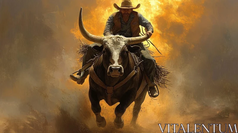 Western Cowboy Riding Bull in Blaze AI Image