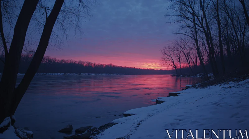 Winter Landscape: Sunset over a Snowy River AI Image