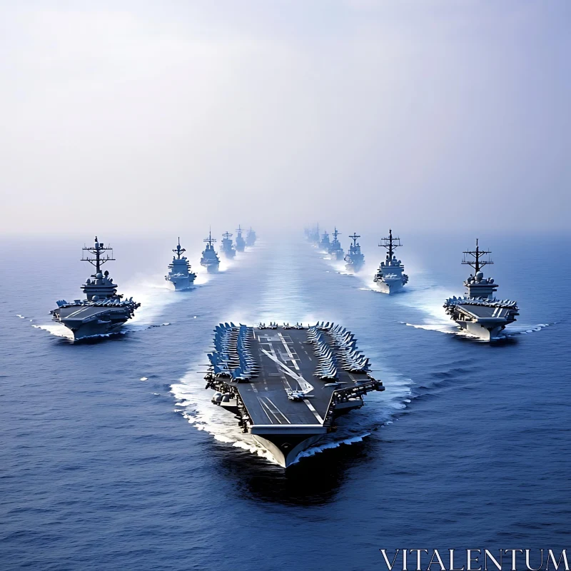 Naval Fleet of Aircraft Carriers and Destroyers AI Image