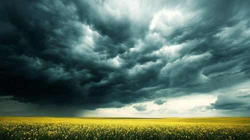 Yellow Flower Field Under Stormy Sky