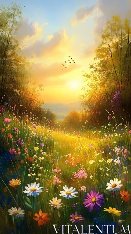 AI ART Sunset Over a Flower-Filled Meadow