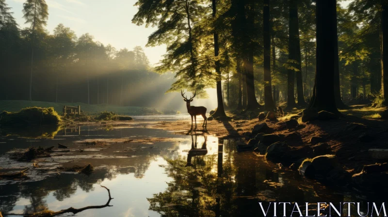 Deer by the Water at Sunrise in the Forest AI Image