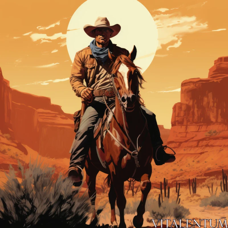 Western Cowboy Illustration in Desert at Sunset AI Image
