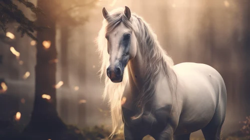 White Horse in Sunlit Forest: A Baroque Animal Portrait