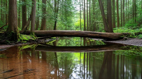 Peaceful Forest Reflection with Log Bridge