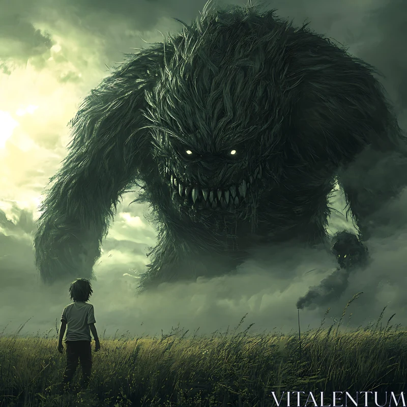 AI ART Giant Monster Looms Over a Child in a Dark Fantasy Scene