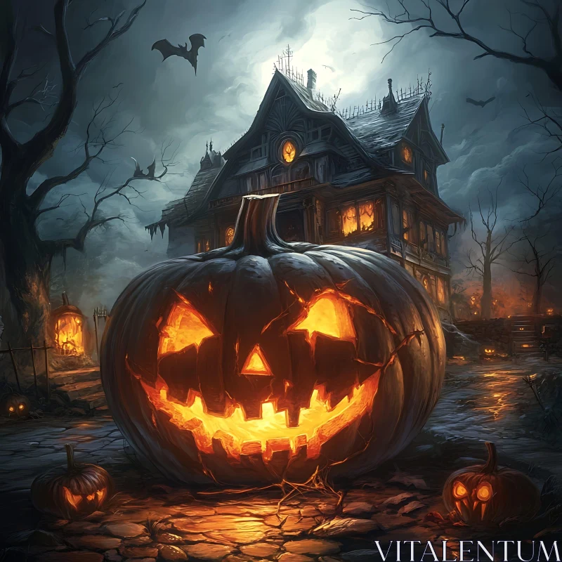 Eerie Halloween Scene with Sinister Pumpkin and Haunted Mansion AI Image