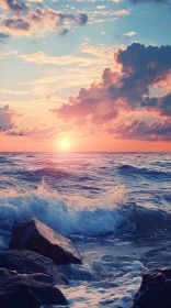 Sunset Over the Ocean with Crashing Waves and Rocks