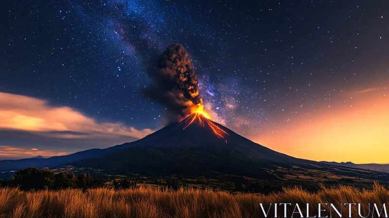 AI ART Volcanic Eruption at Night with Starry Sky