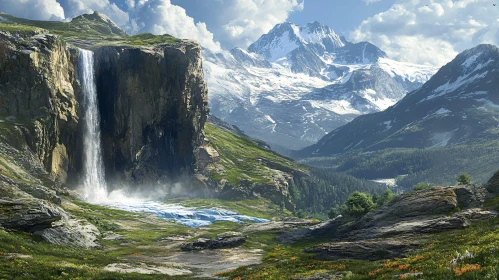 Mountain Oasis with Waterfall and Wildflowers